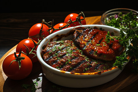 新鲜烹饪的番茄肉饼图片