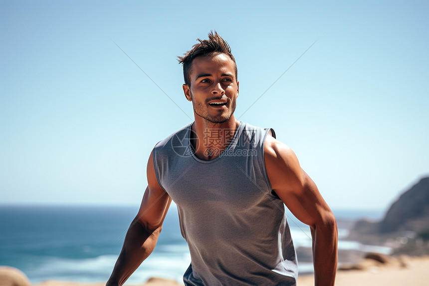 夏季海边跑步的男子图片