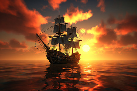 航海复古夕阳下海洋里航行的船背景