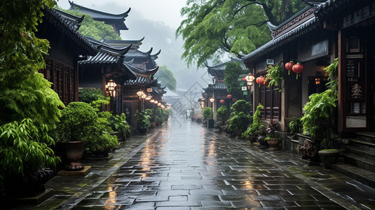 下雨后的古城巷道背景图片