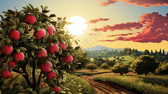 夕阳下的苹果园图片
