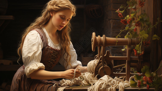 屋子里纺织的女孩图片