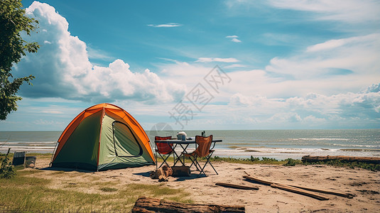 海边帐篷露营基地的帐篷背景