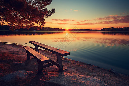湖边孤寂的长凳图片