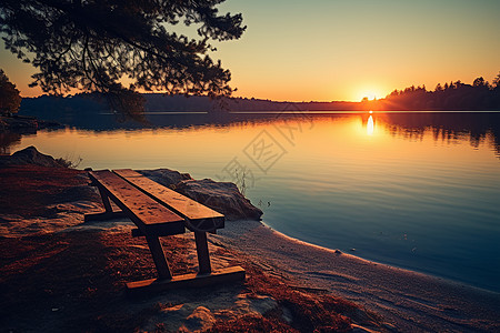 夕阳下湖边的长凳图片