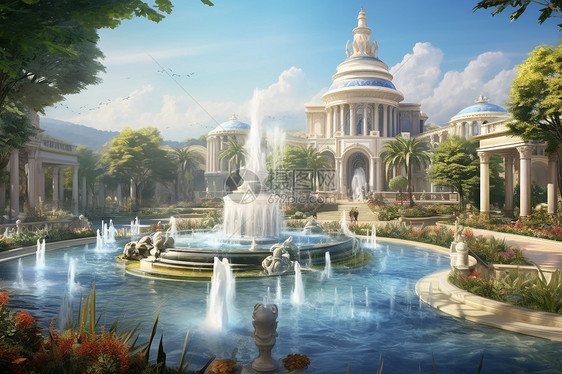 欧式建筑内的豪华喷泉景观图片