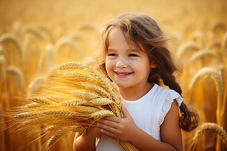 金色稻田中的小女孩图片