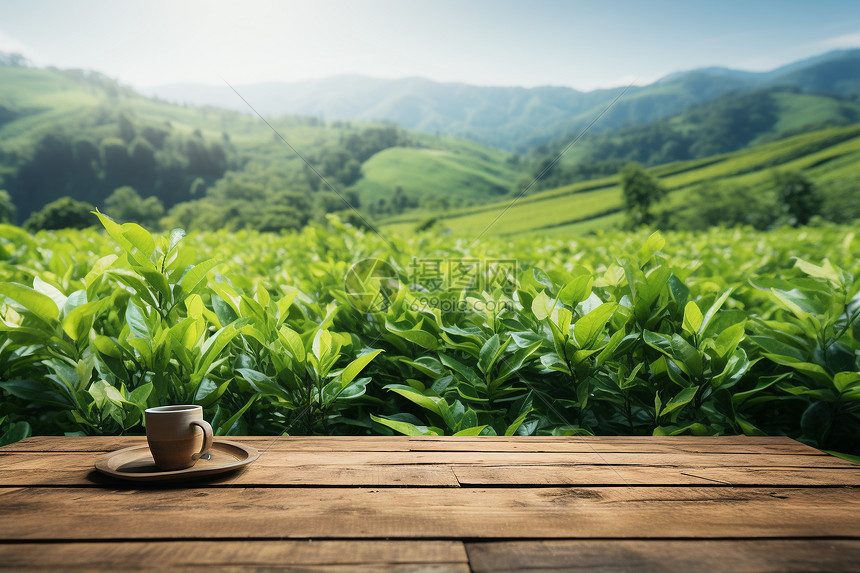 模糊山间茶园背景的木桌展位图片