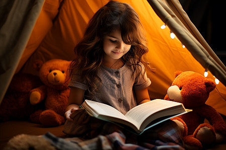 夜晚帐篷中读书的小女孩图片