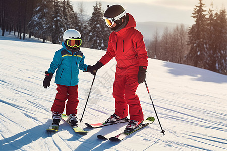 雪山中欢乐滑雪的母子高清图片