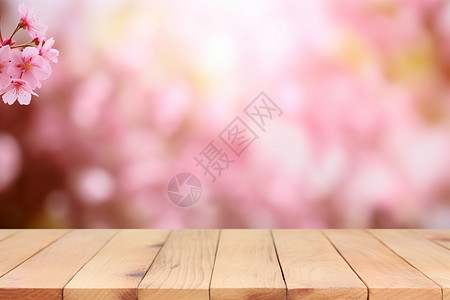 户外樱花背景前木桌高清图片