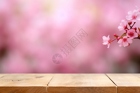 樱花背景前的木桌图片