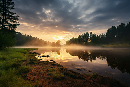 美丽的日出森林湖泊景观图片