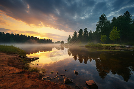 夏季日出森林湖泊的美丽景观图片