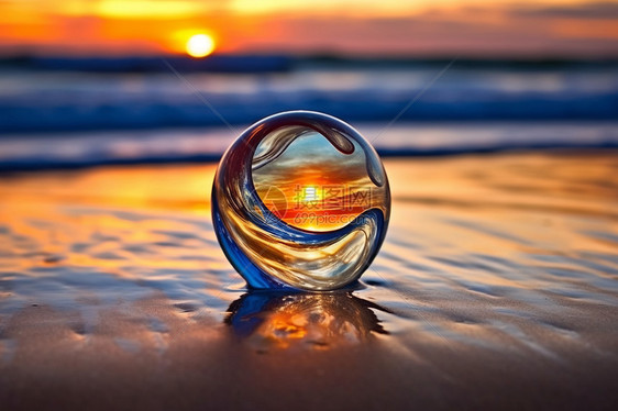 玻璃球漂浮在海滩图片