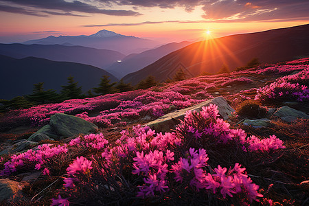 美丽山顶花朵的日落景观图片