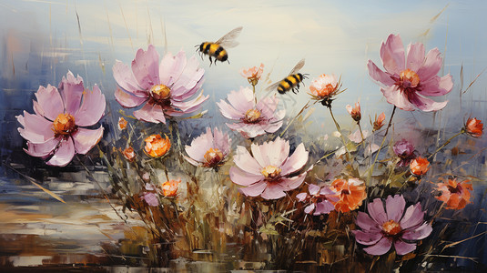 野花丛中的蜜蜂油画插画图片