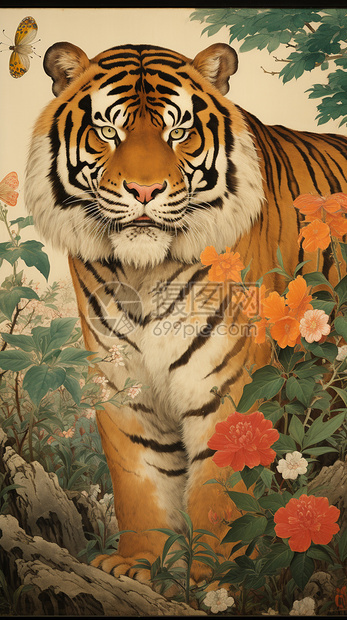 树林中站立的老虎插图图片
