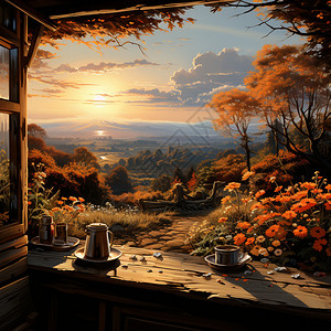 秋季清晨山间木屋的景观图片