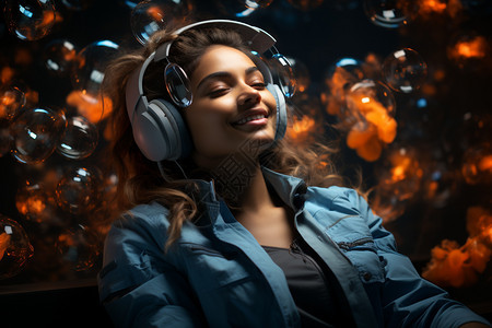 戴耳机惬意听音乐的女生背景图片