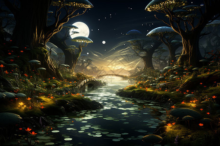 夜晚梦幻的森林景观插图图片