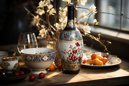 传统印花的国风酒瓶背景图片