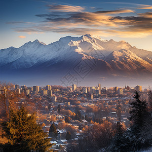 冬季雪山脚下的城市图片