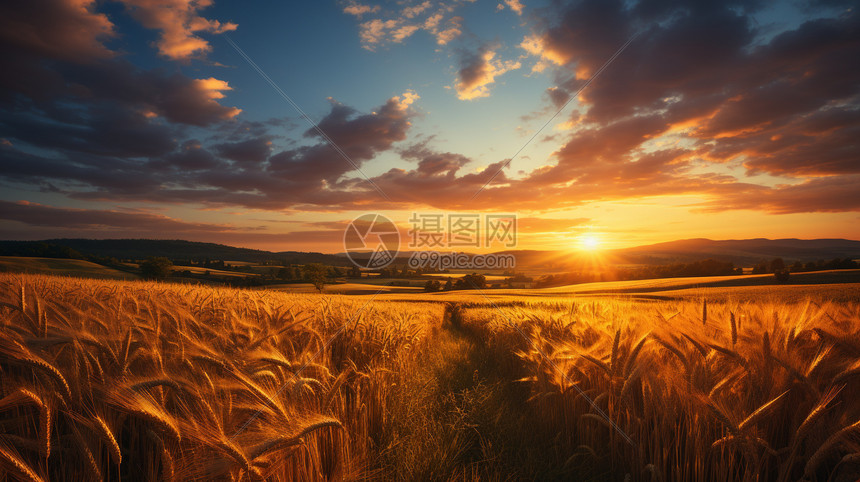 夕阳下金黄色的稻田图片