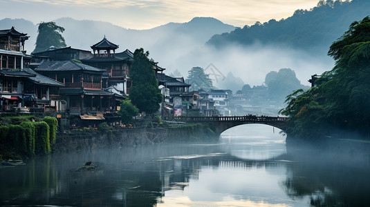 烟雨朦胧的江南水乡背景图片