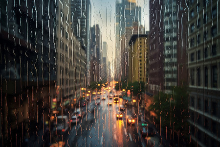 雨中玻璃外的城市道路景观图片
