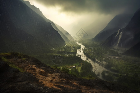 暴雨开车大雨中危险的峡谷背景