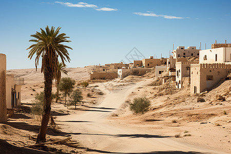 沙漠中的村庄与棕榈树中的小道图片