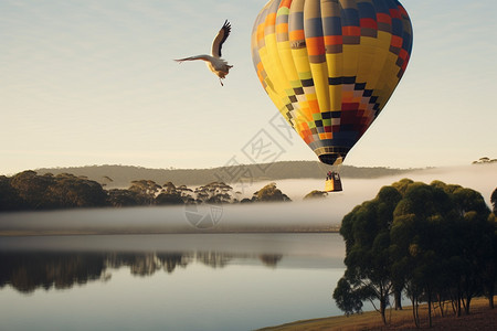 山林湖泊上的热气球图片