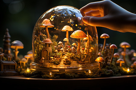 仙女灯玻璃罩中的发光蘑菇屋背景
