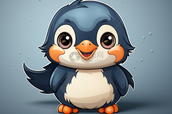 可爱的小企鹅在蓝色背景下开心地笑着图片