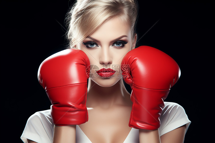 女子戴着红色拳击手套图片