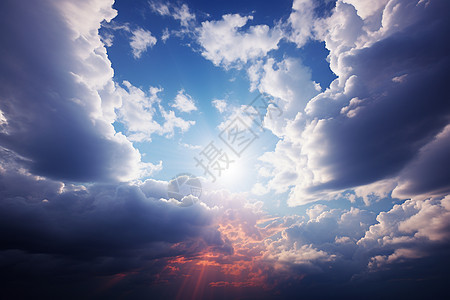 飘浮的云朵中渗透出明亮的阳光图片