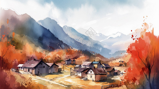 山脚下的村庄水彩插画图片