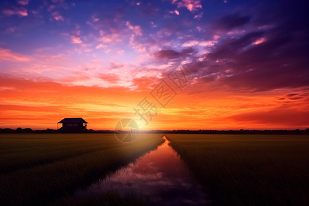 稻田上的火烧云景观图片