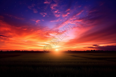 农田上美丽的晚霞图片