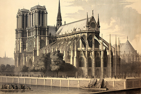 巴黎水巴黎圣母院的复古插图插画