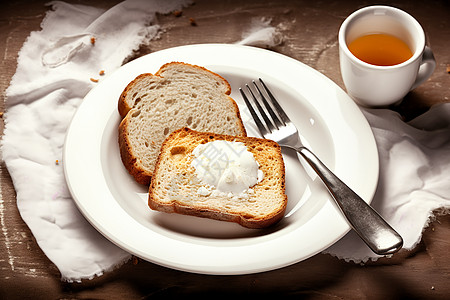 餐盘中涂抹黄油的面包片图片