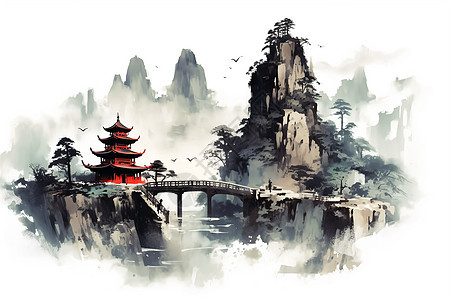 山峰寺庙的风景画图片