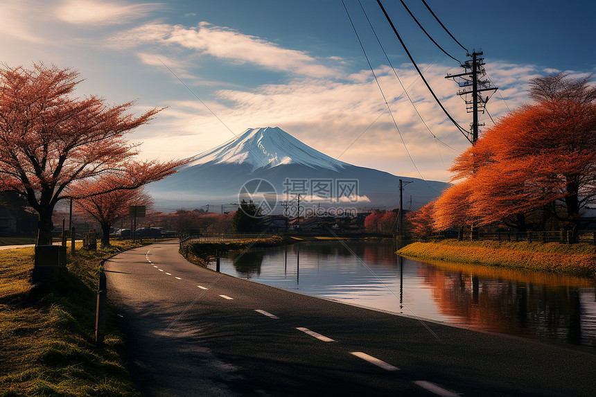 富士山路边红叶图片