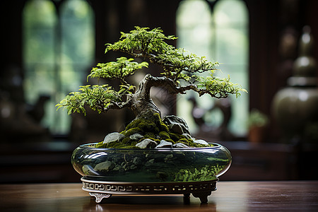 室内景观中的禅意绿植与盆景背景