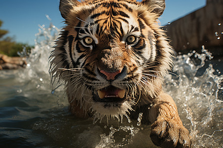涉水前行的老虎图片