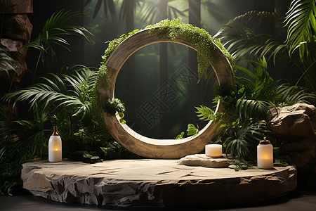 石英圆桌带着棕榈叶抽象背景展台背景图片