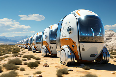 机器人送货团队在沙漠山脉下排队图片