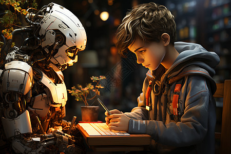 机器人与少年一起互动图片