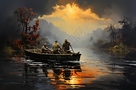 湖边垂钓的渔民图片